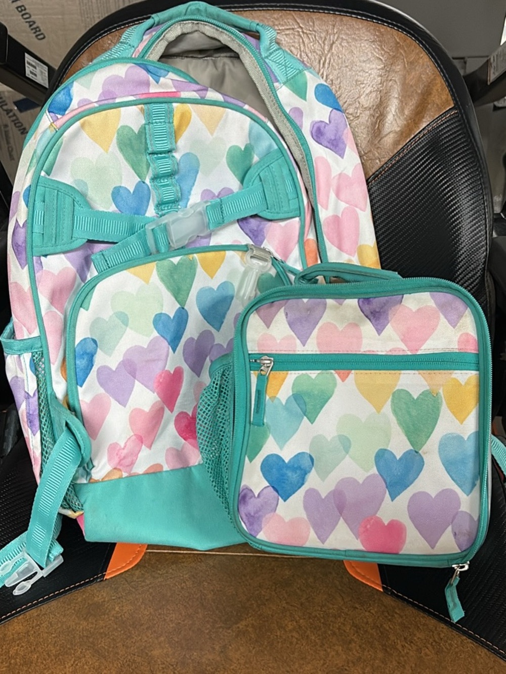 Pottery Barn Kids Heart-Print Backpack and Lunchbox in Teal